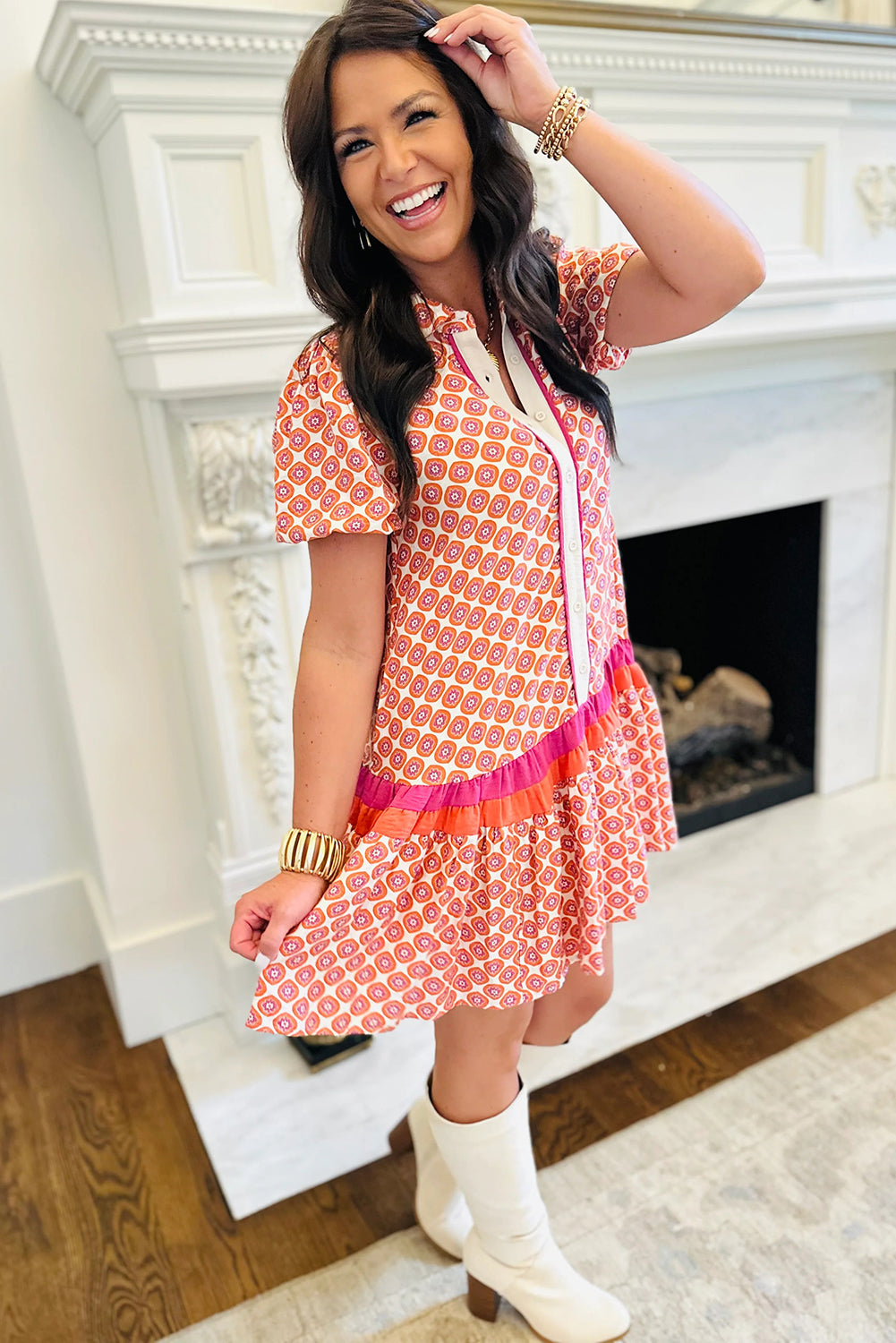 Geometric Floral Print Colour Block Trim Button Front Ruffle Hem Dress