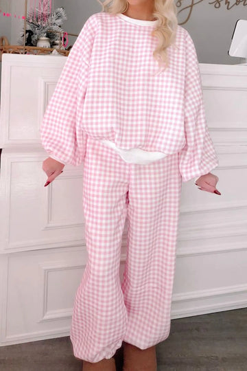 Plaid Long Sleeve Two Piece Pant Set – Pink