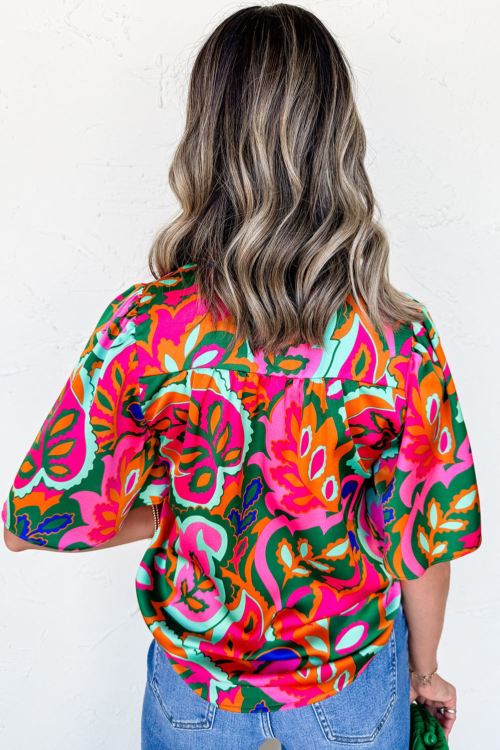 Rose Summer Plant Print Lace up V-Neck Short Sleeve Blouse BB Fashion Outlet