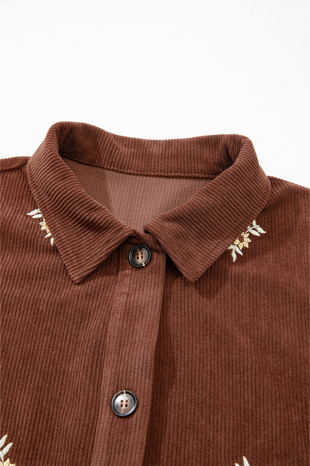 Floral Embroidered Collar Button Front Soft Corduroy Jacket eAura