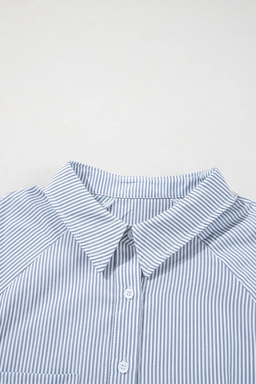 Pinstripe Long Sleeve Smocked Cuffs Button Shirt Collar Blouse – Sky Blue Stripe