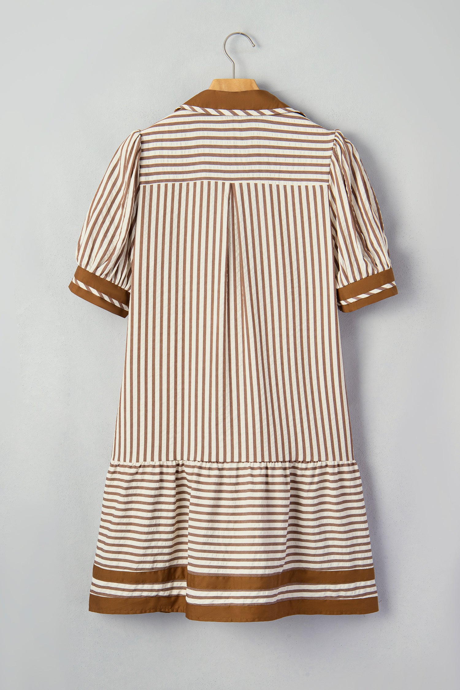 Shirt Collar Color Block Patchwork Trim Ruffle Hem Short Dress – Brown Stripe