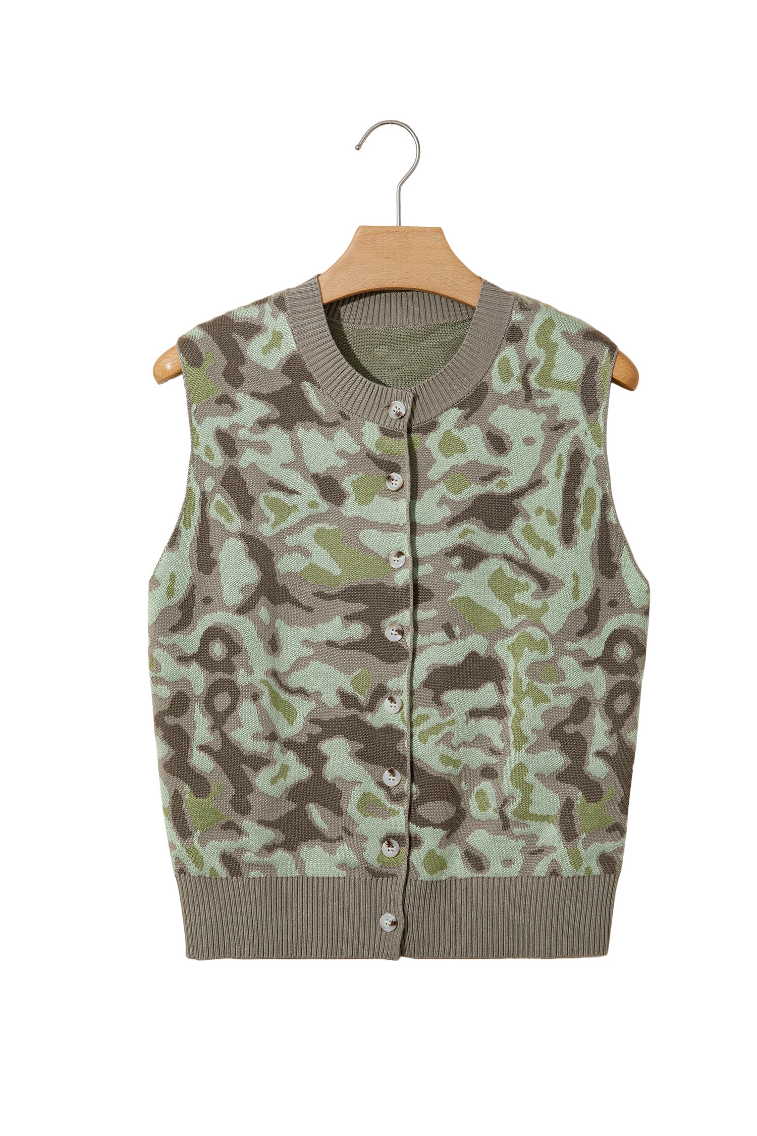Camo Print Button Front Loose Sweater Vest – Green