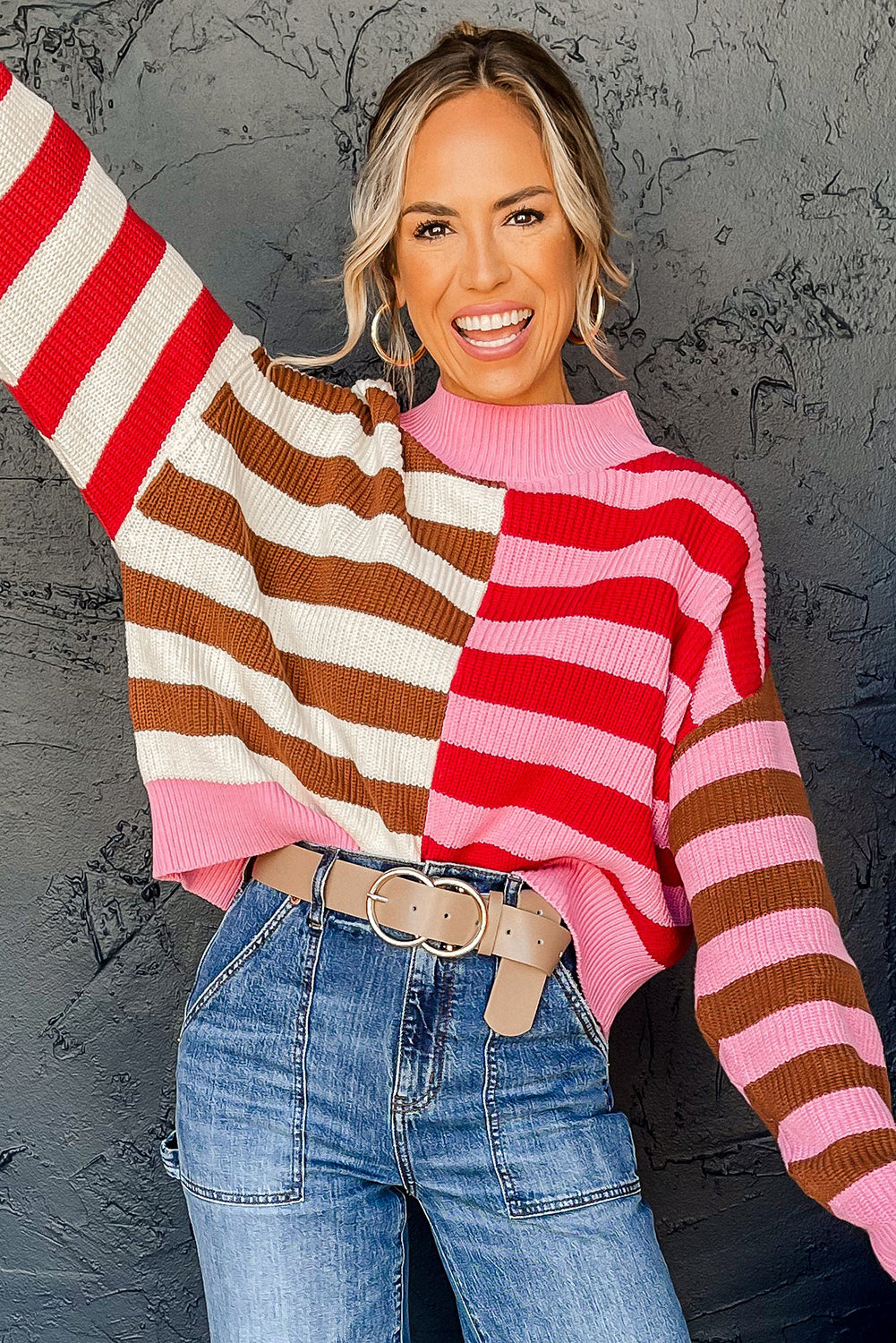 Pink Stripe Colour Block High Neck Drop Shoulder Loose Sweater eAura