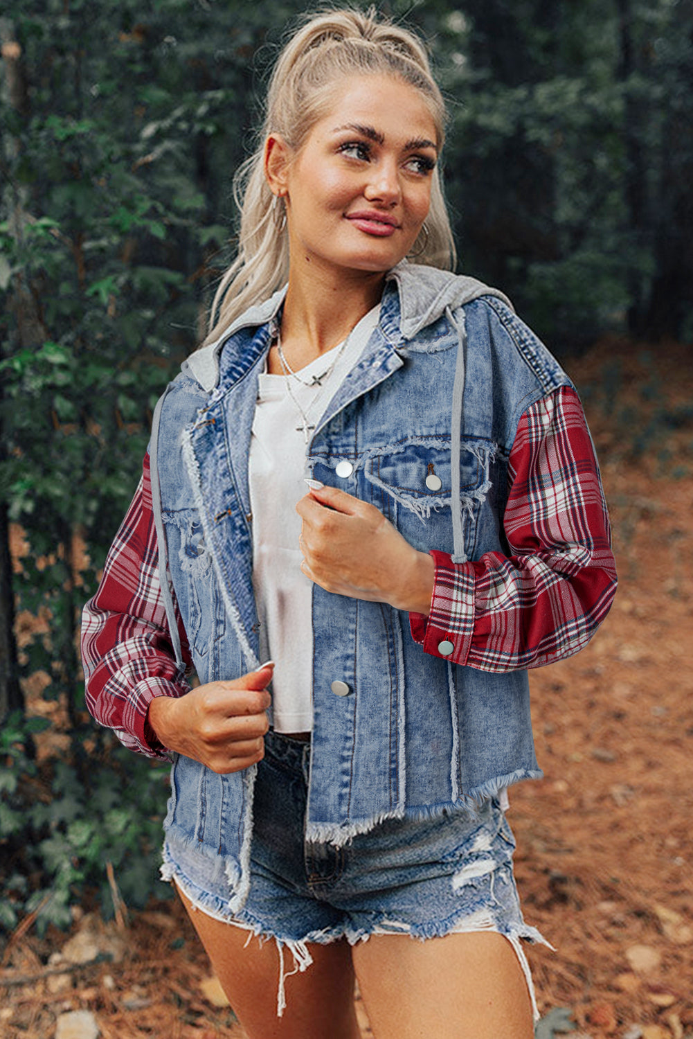 Beau Blue Plaid Print Patchwork Hooded Raw Hem Denim Jacket Beagle Boutique Fashion Outlet