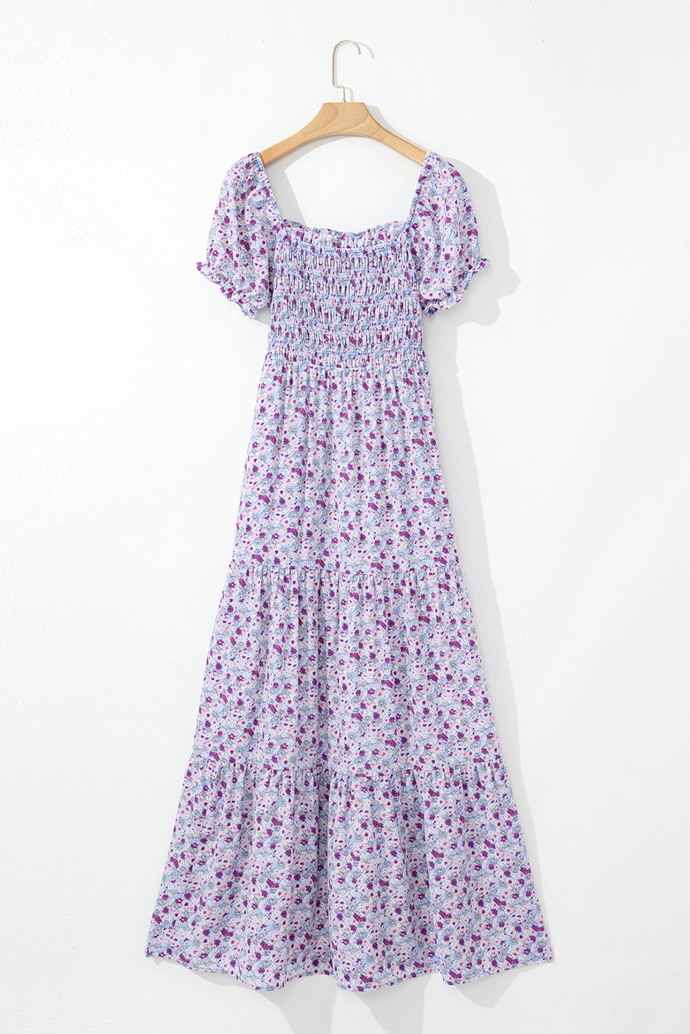 Purple Floral Short Bubble Sleeve Shirred High Waist Maxi Dress eAura