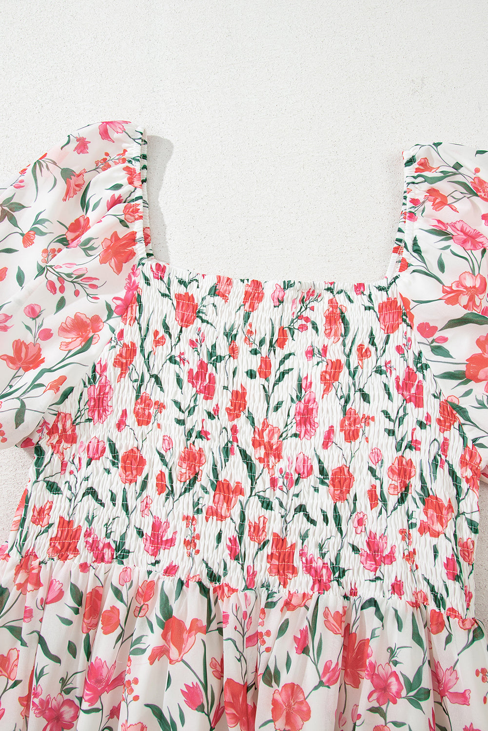Pink Floral Puff Sleeve Square Neck Empire Waist Tiered Maxi Dress eAura
