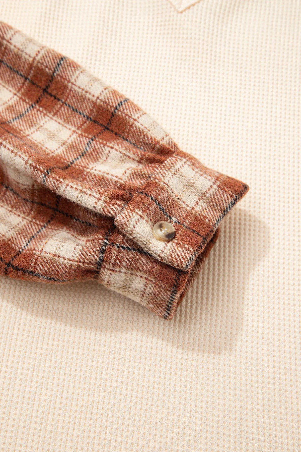 Waffle Textured V Neck Plaid Colourblock Drop Shoulder Long Sleeve Top – Beige
