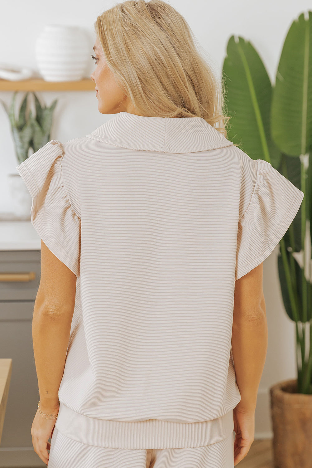 Apricot Textured Ruffled Sleeve Zipped Top and Wide Leg Trousers Set eAura