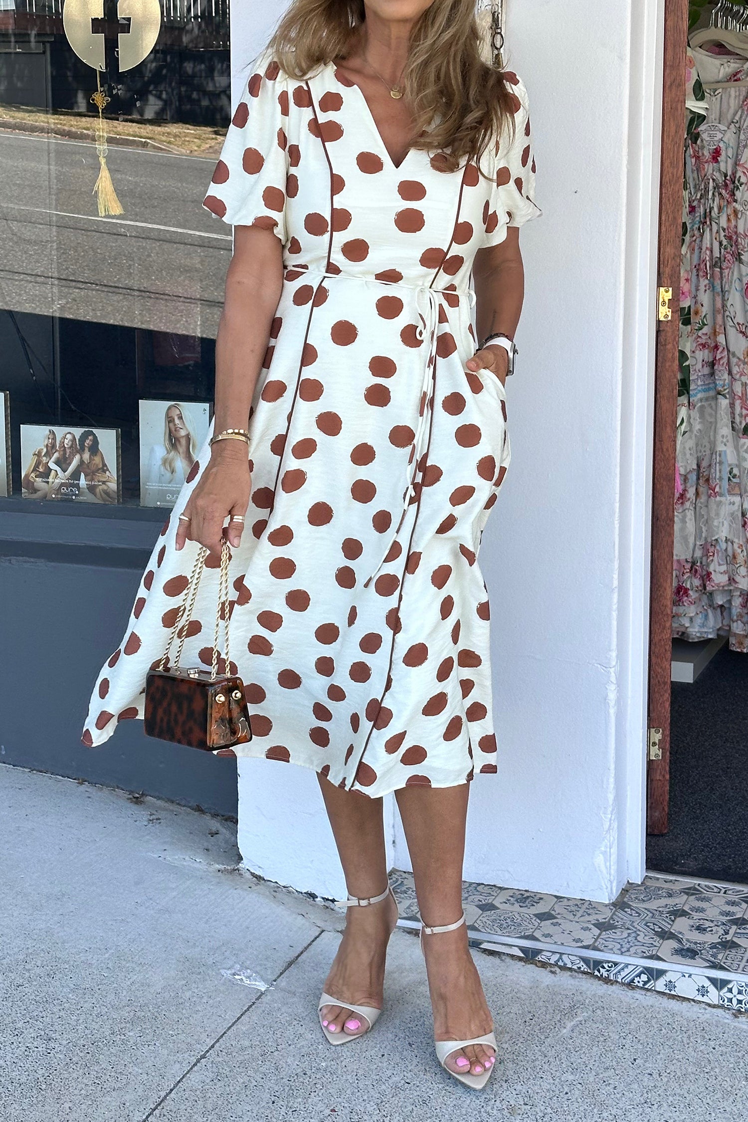 White Polka Dot Printed V-Neck Short Sleeve Tie Waist Midi Dress