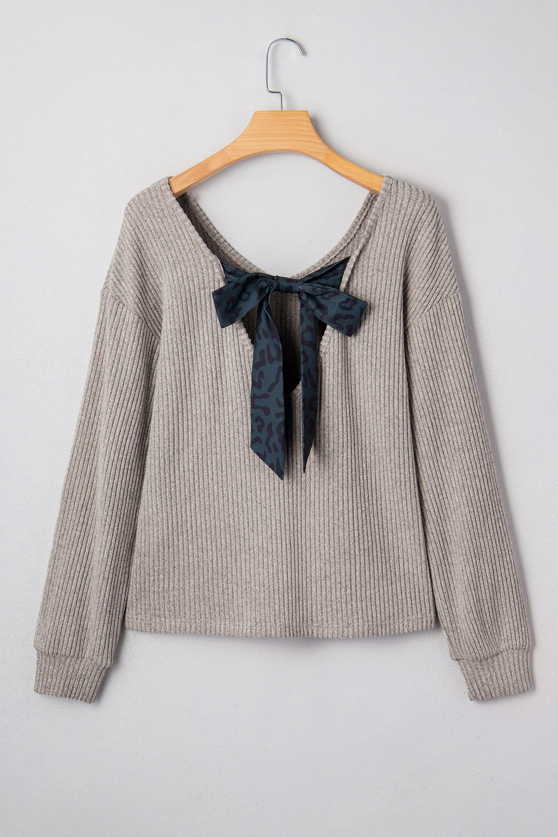 Ribbed V-Neck Ribbon Bow Back Drop Shoulder Long Sleeve Top - eAura