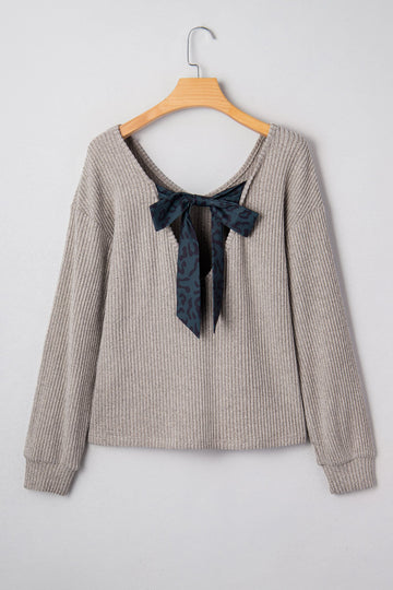 Ribbed V-Neck Ribbon Bow Back Drop Shoulder Long Sleeve Top - eAura