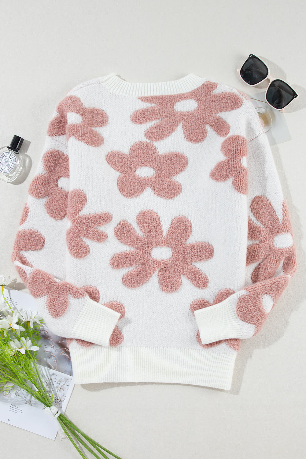 White Textured Flower Drop Shoulder Loose Sweater eAura