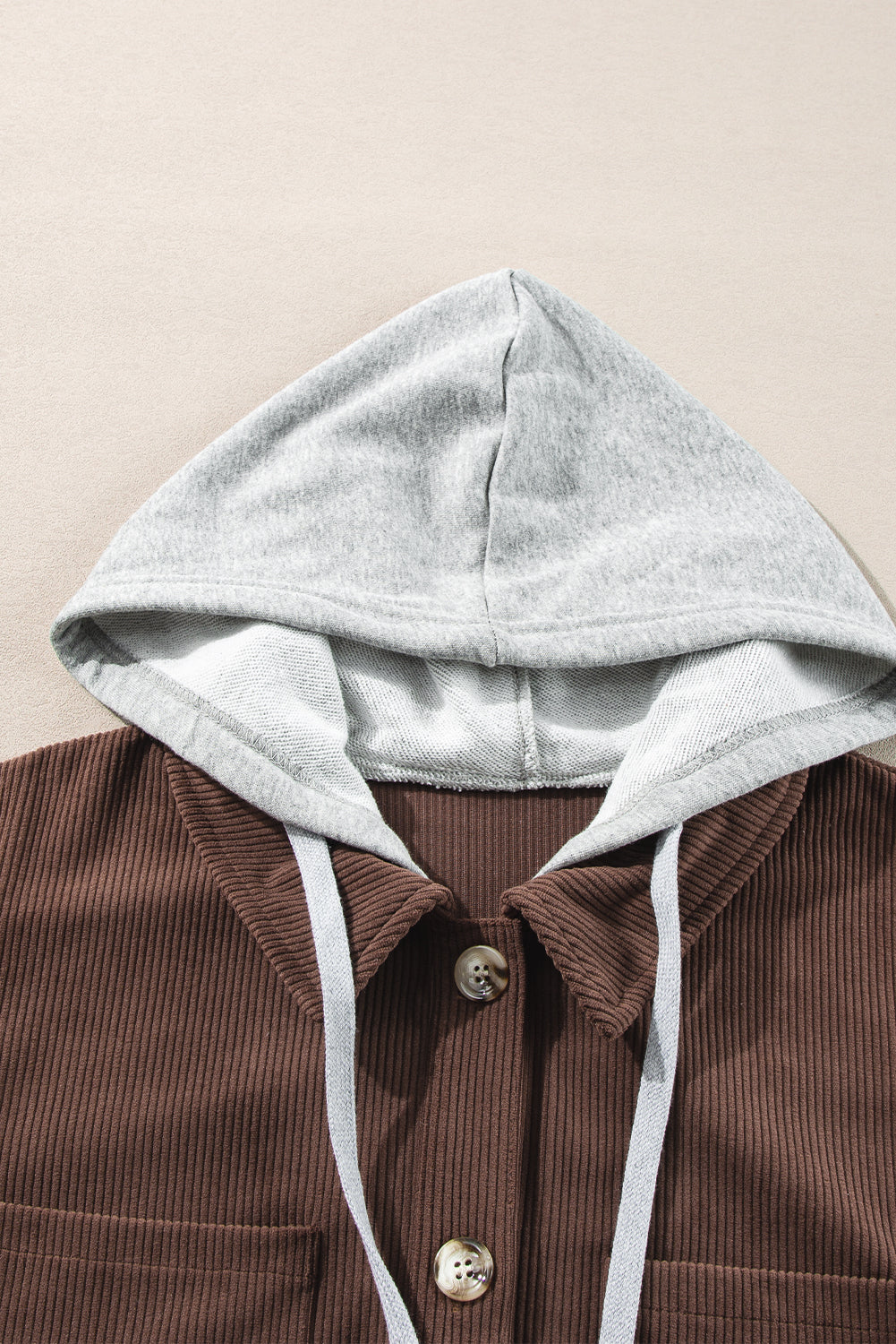 Coffee Hooded Drawstring Pockets Corduroy Shacket eAura