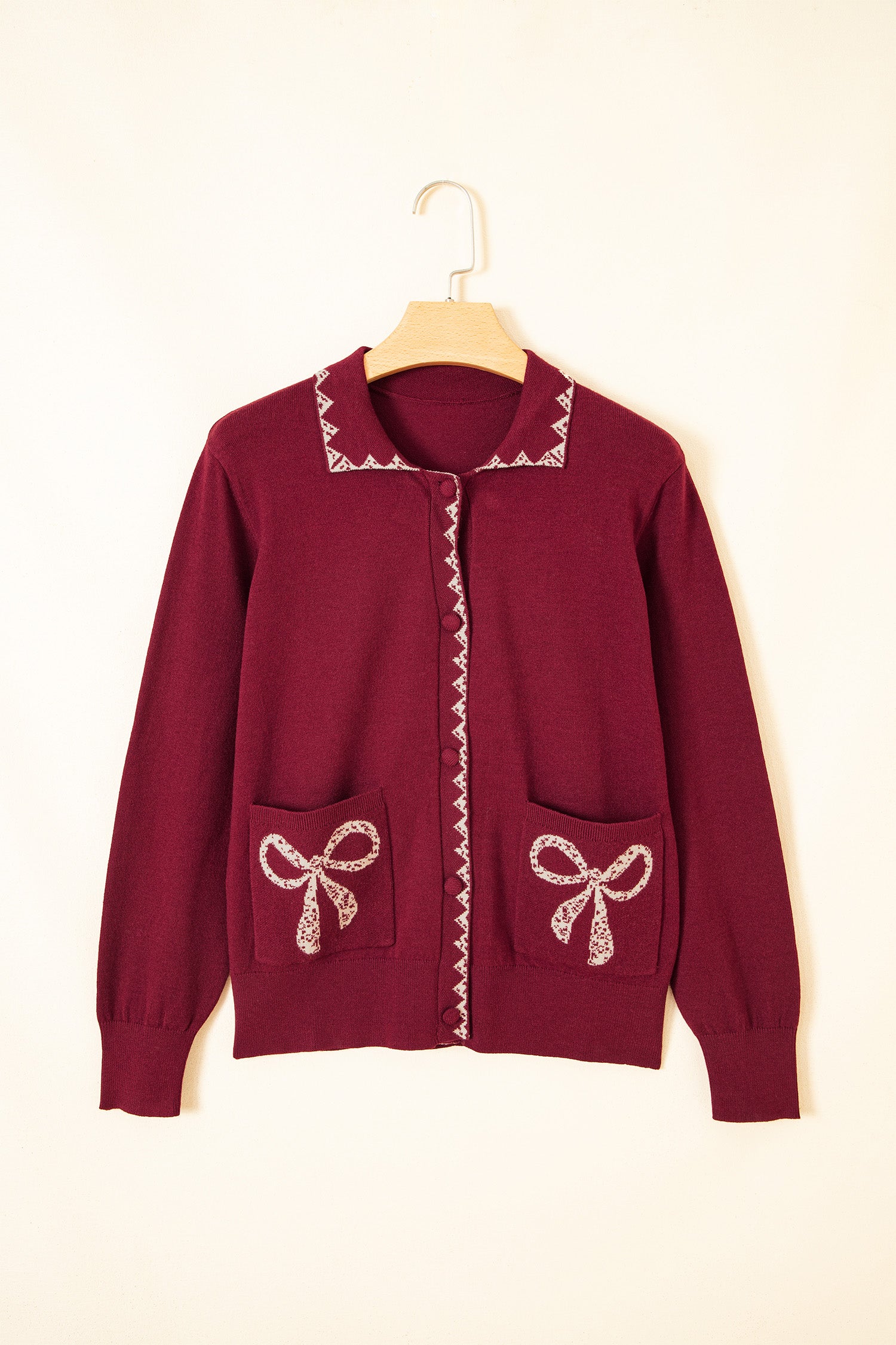 Bow Pocket Collar Long Sleeve Knit Cardigan – Burgundy