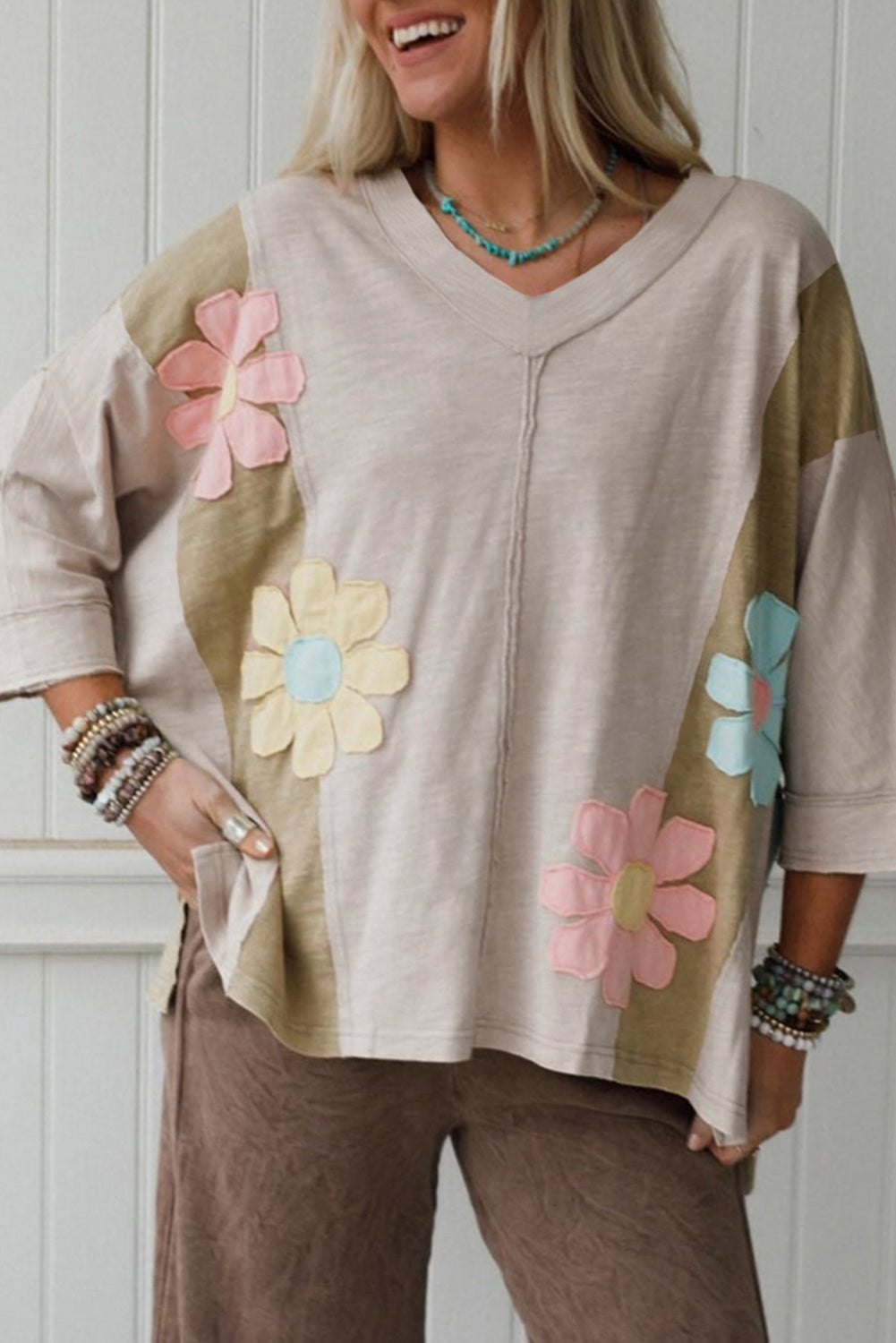 Flower Patched Exposed Seam Bracelet Sleeve Oversized T-Shirt - eAura