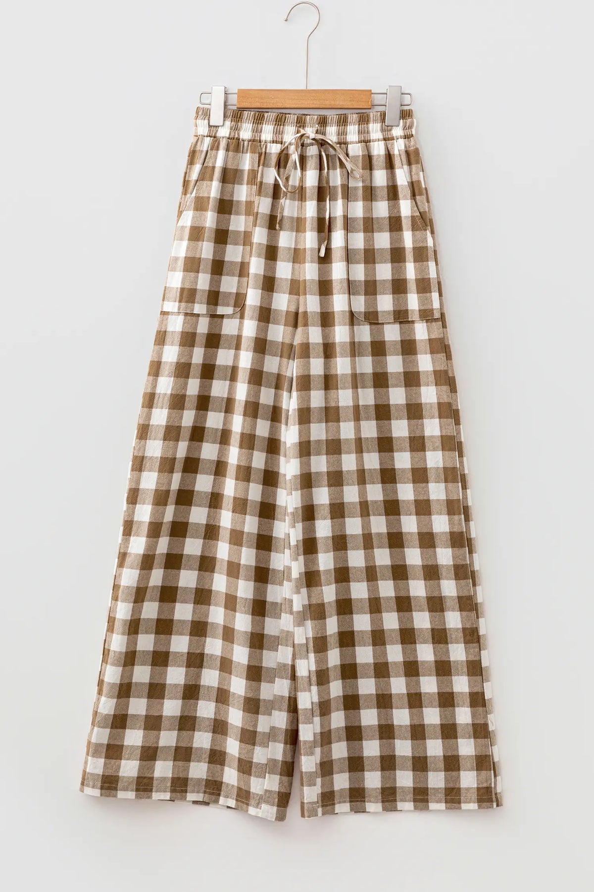 Gingham Plaid Tie Elastic Waist Shift Pants – Brown