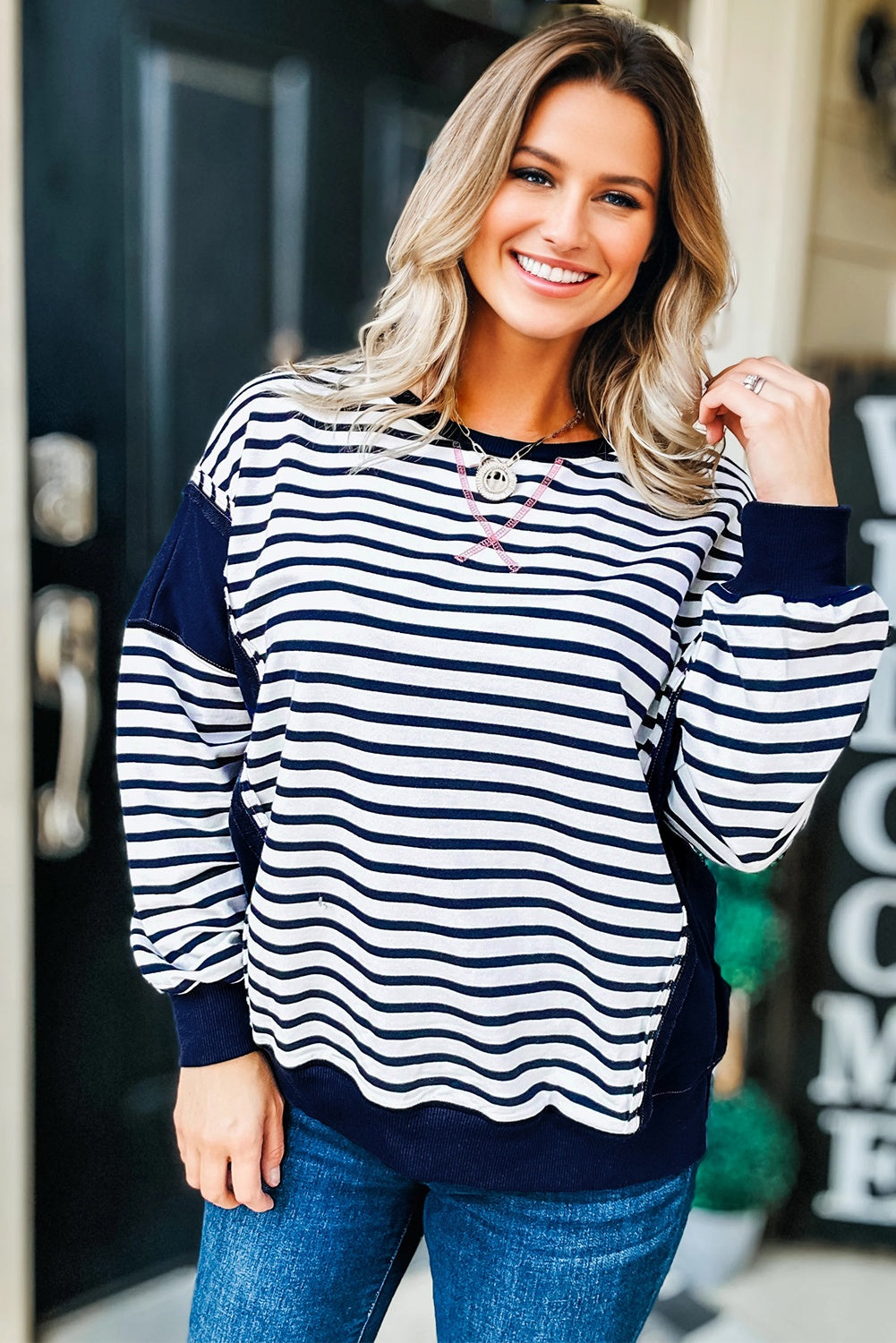Striped Contrast Stitched Detail Plus Size Sweatshirt - eAura