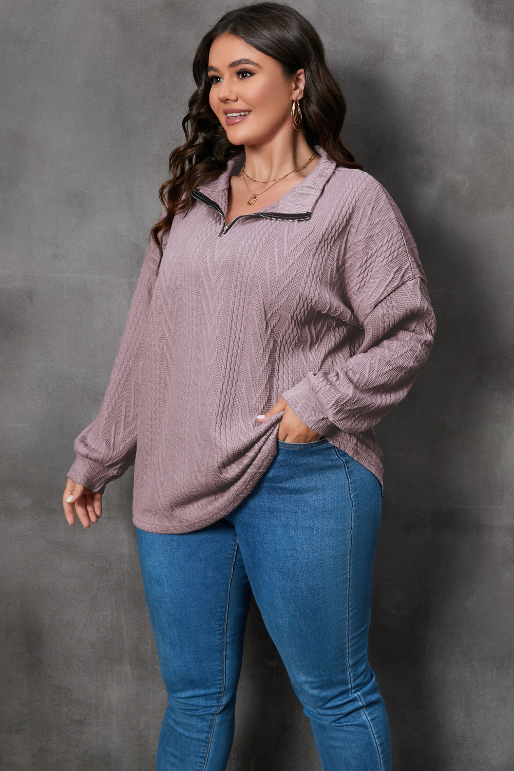 Plus Size Textured Knit Zip Neck Pullover BB Fashion Outlet
