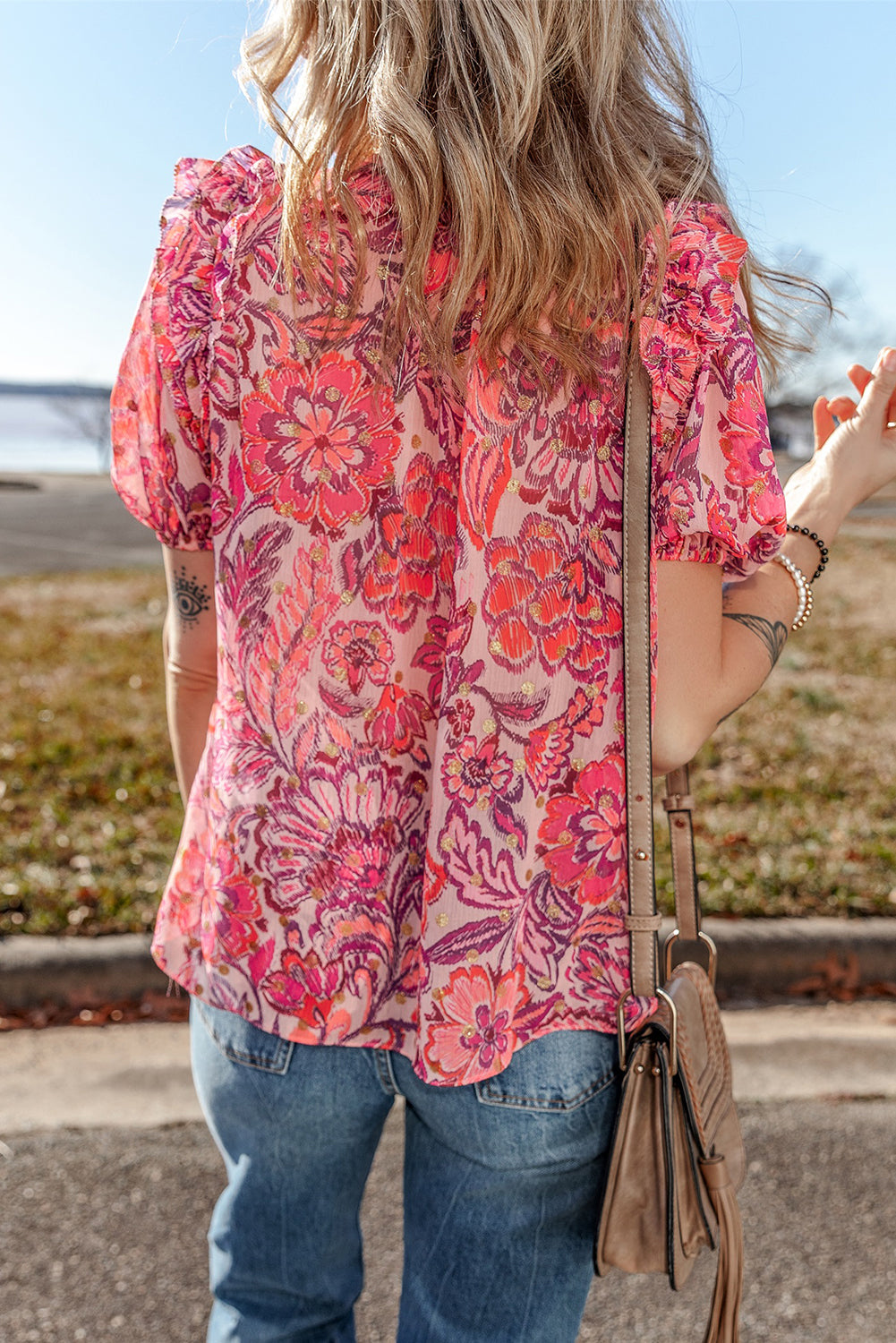 Red Floral Print Ruffled Puff Short Sleeve Blouse eAura