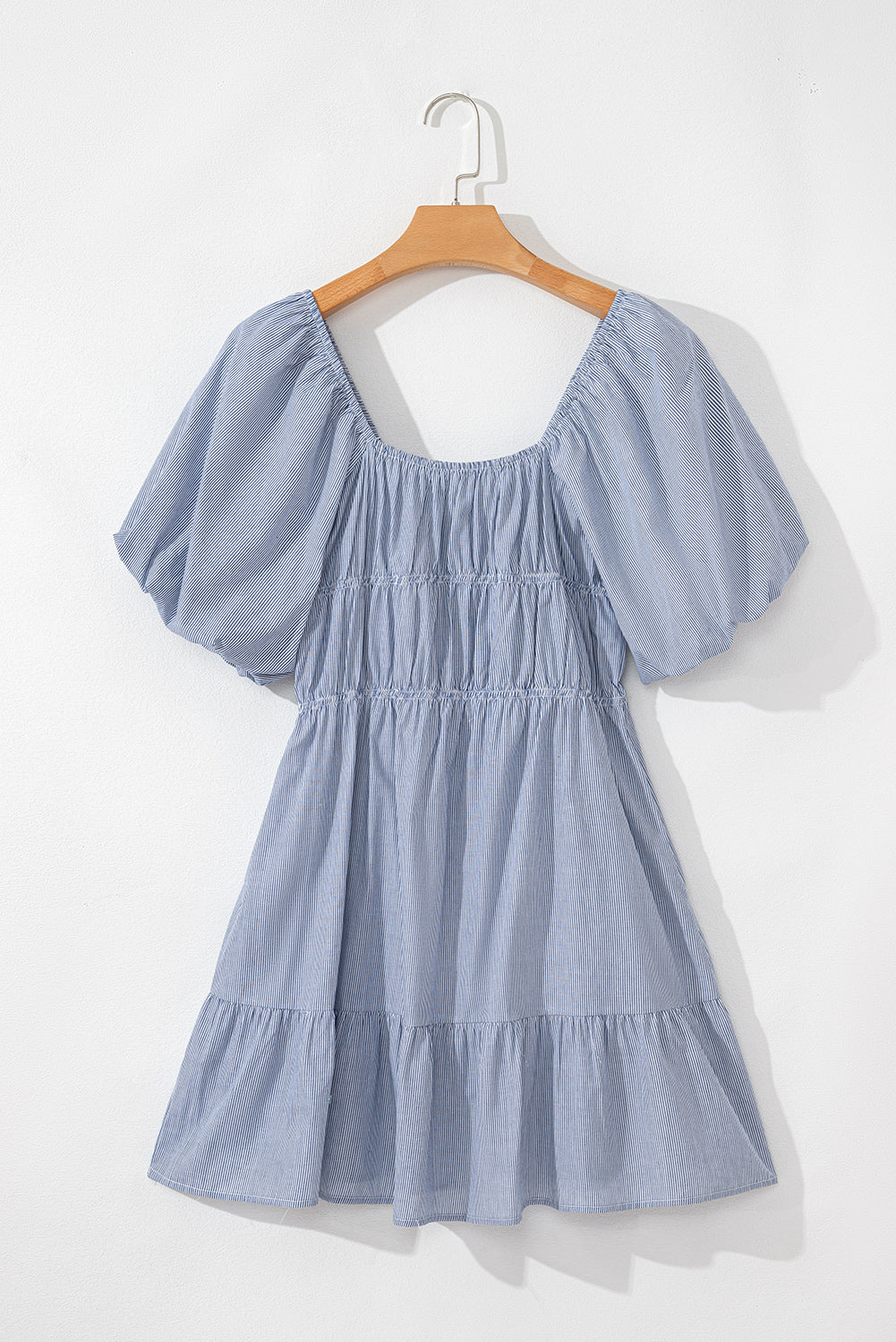 Sky Blue Stripe Bubble Sleeve Square Neck Ruched Pocketed Babydoll Dress eAura