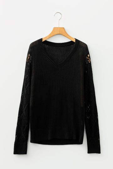 V-Neck Pointelle Knit Sleeve Sweater - Sweaters & Cardigans/Sweaters