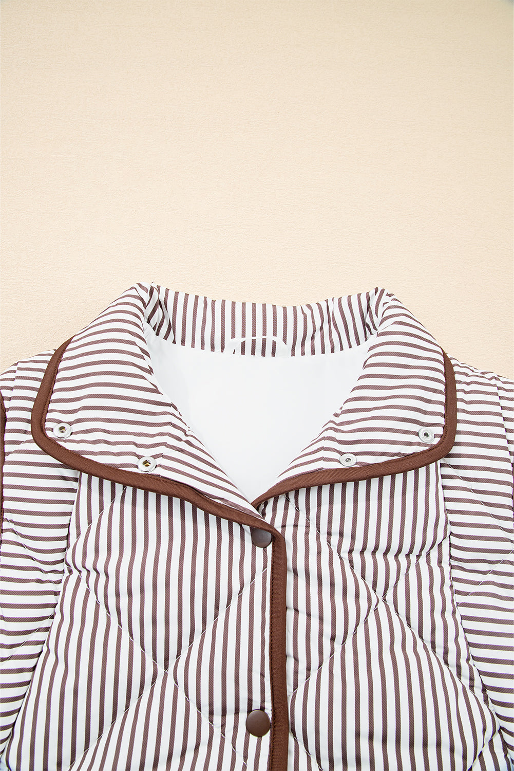 Brown Stripe Contrast Trim Snap Button Collared Vest - eAura