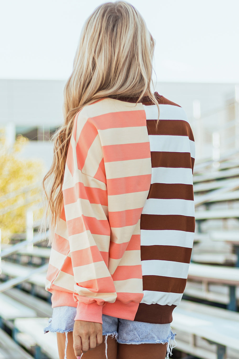 Brown Stripe Colour Block Drop Shoulder Pullover Sweatshirt eAura
