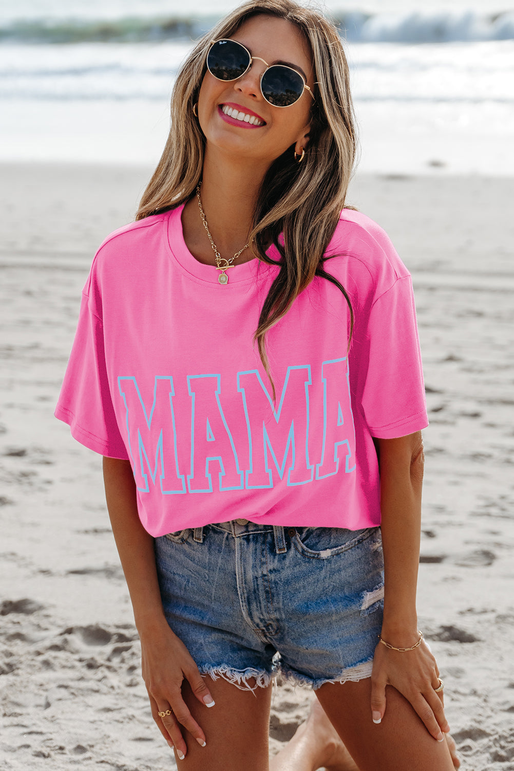 Bright Pink MAMA Letter Graphic Neon T Shirt eAura