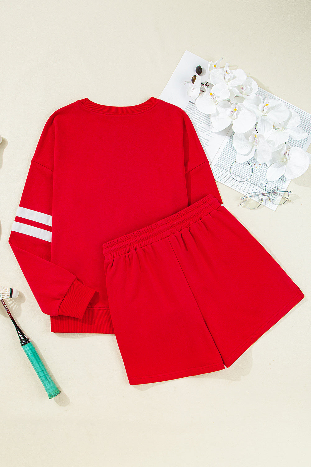 Varsity Striped Sleeve Drop Shoulder Sweatshirt and Shorts Co-ord Set eAura