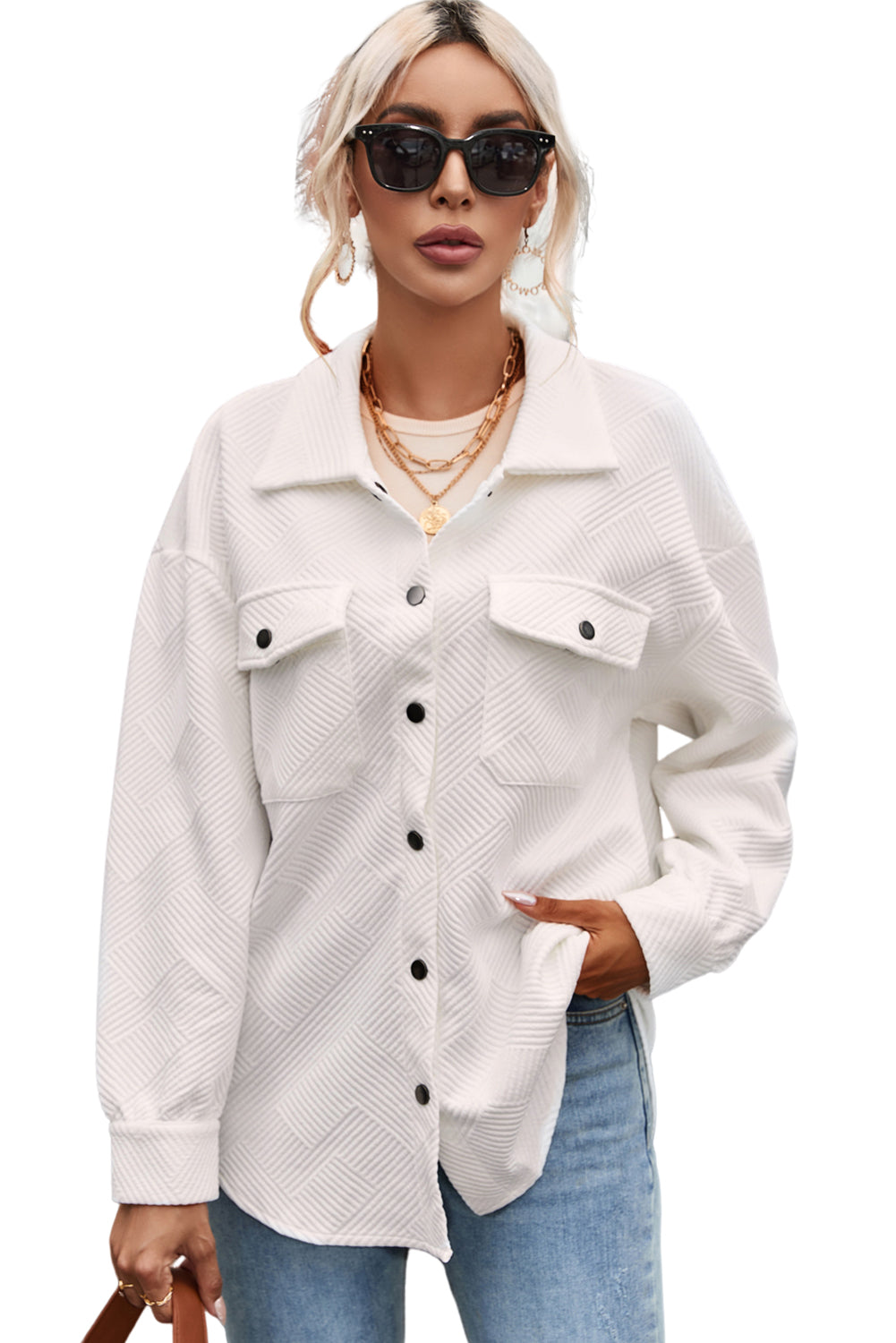 Solid Textured Flap Pocket Buttoned Shacket eAura