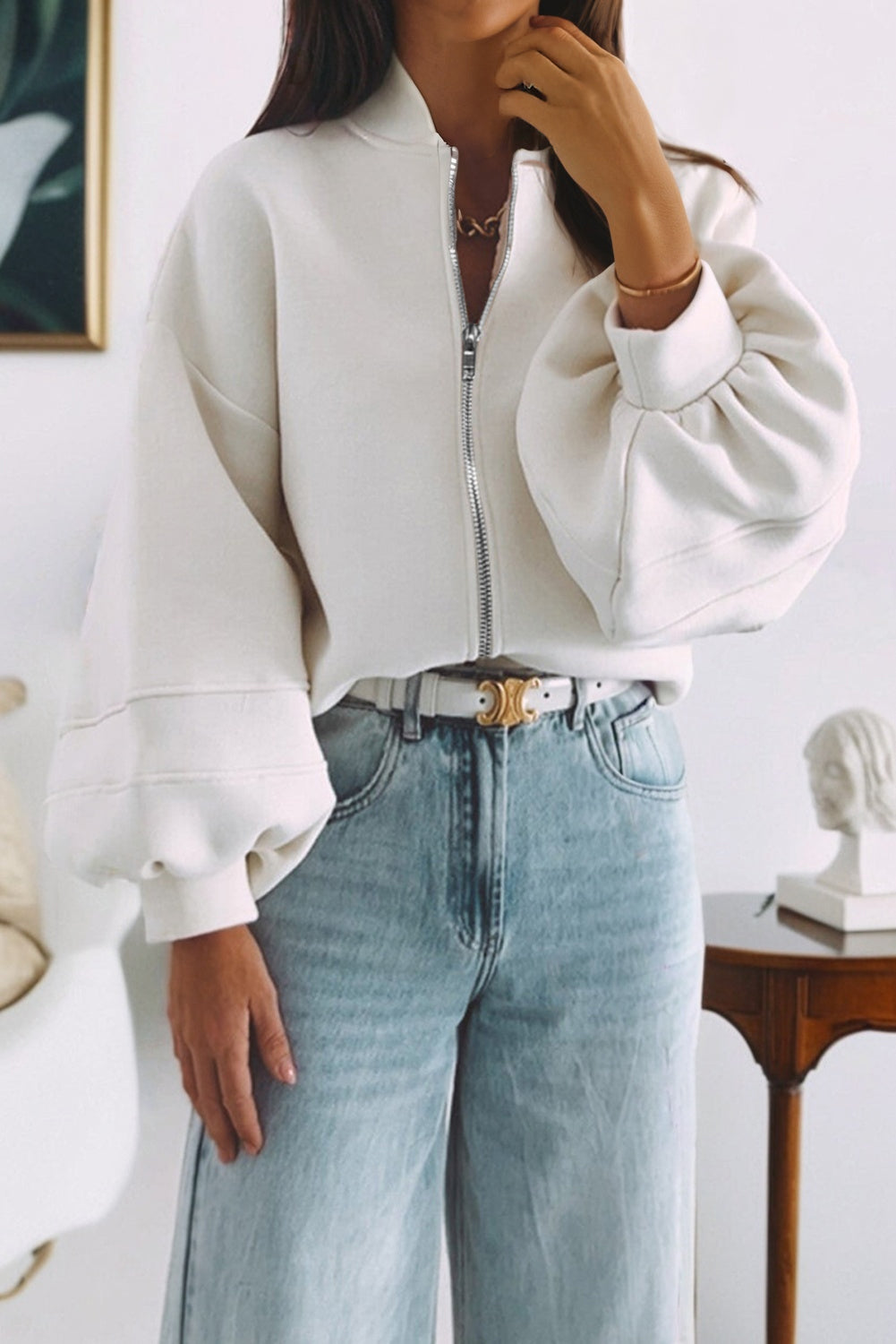 White Zip-Up Puff Sleeve Jacket - eAura