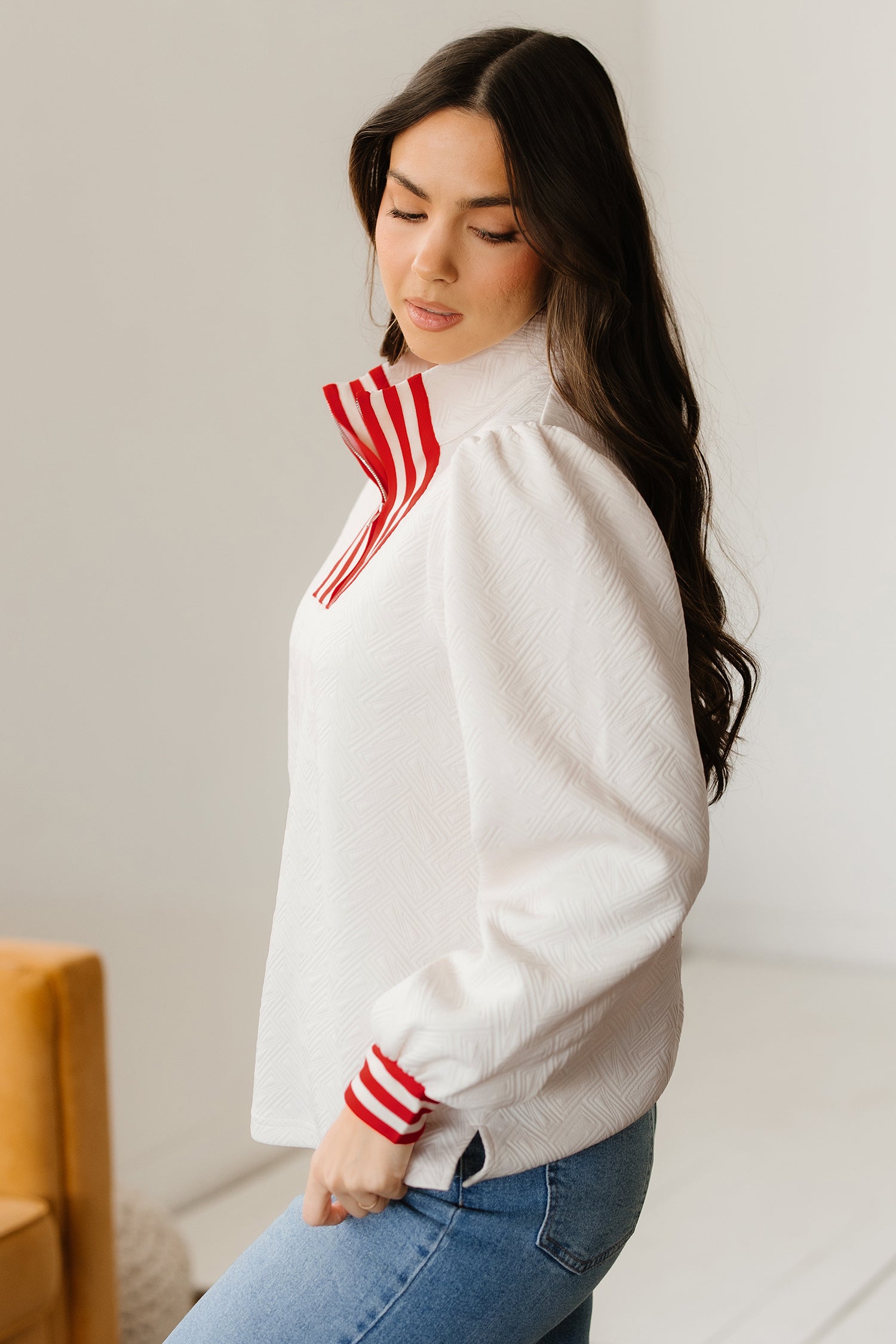 Textured Contrast Striped Accent Zip Collar Pullover Top - Tops/Long Sleeve Tops