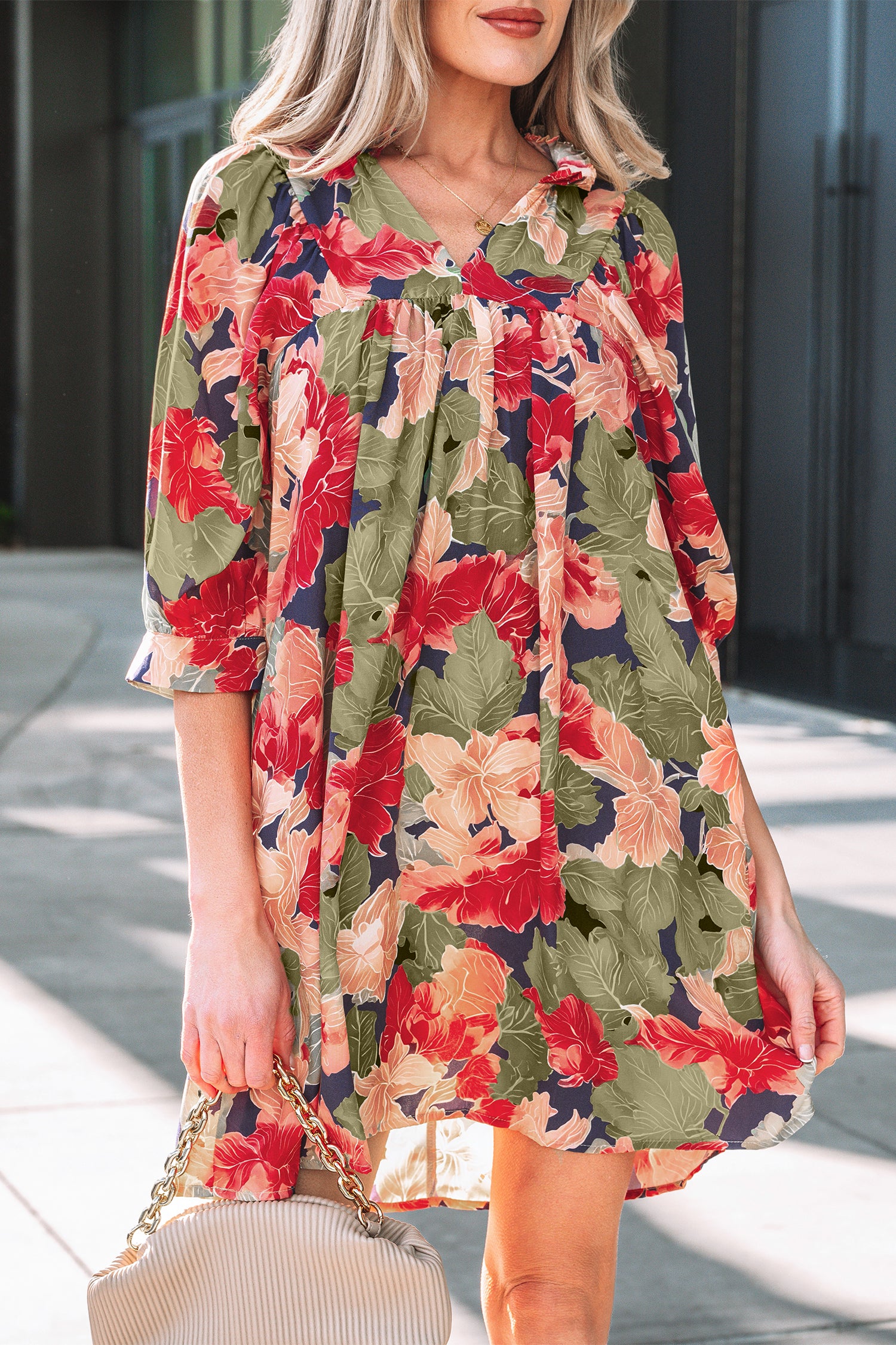 Floral Print Frilled Collar V-Neck Half Sleeve Mini Dress