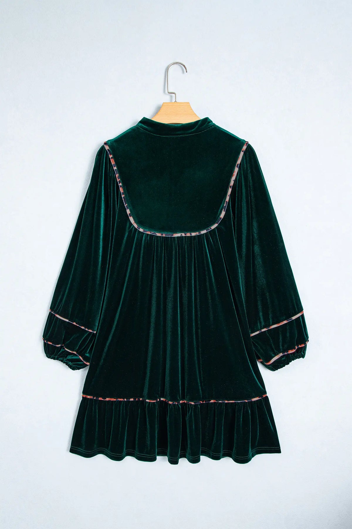 Leopard Trim Velvet Long Sleeve Shift Dress – Blackish Green