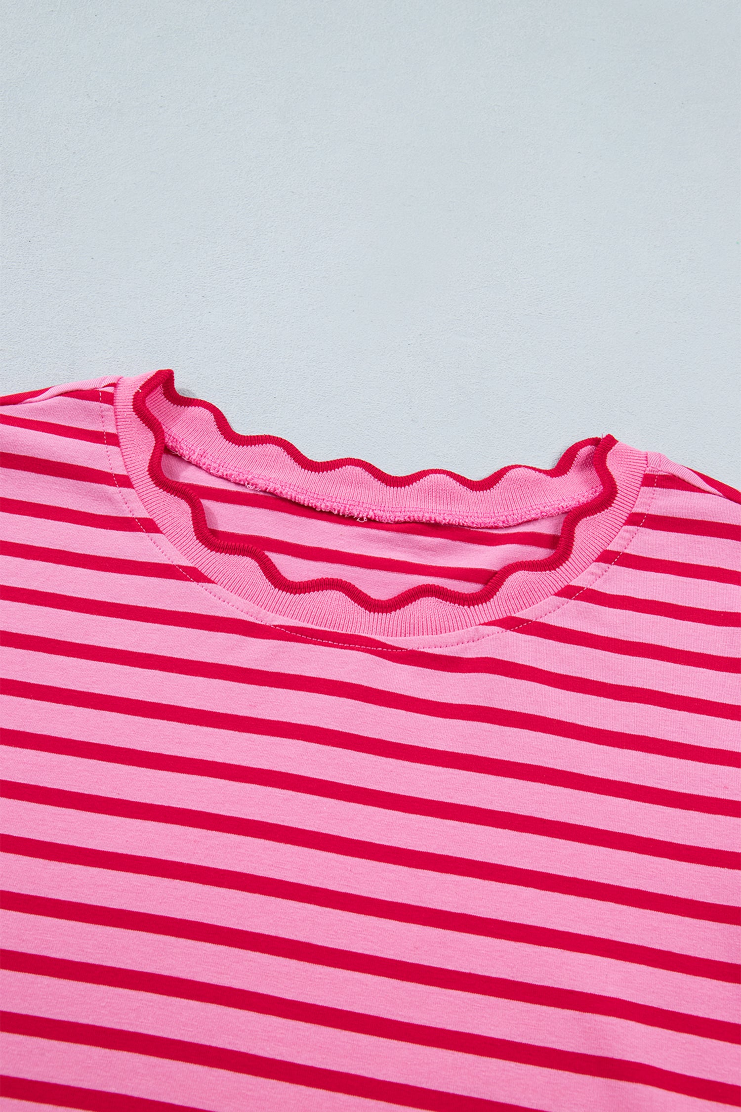 Stripe Scalloped Trim Round Neck T-Shirt