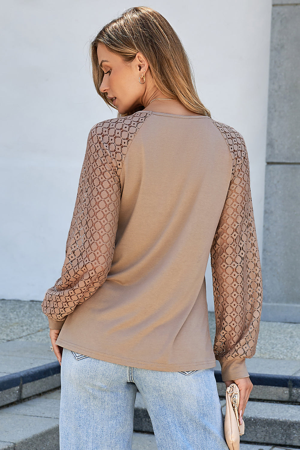 Lace Patchwork Long Raglan Sleeve Pleated Top - eAura