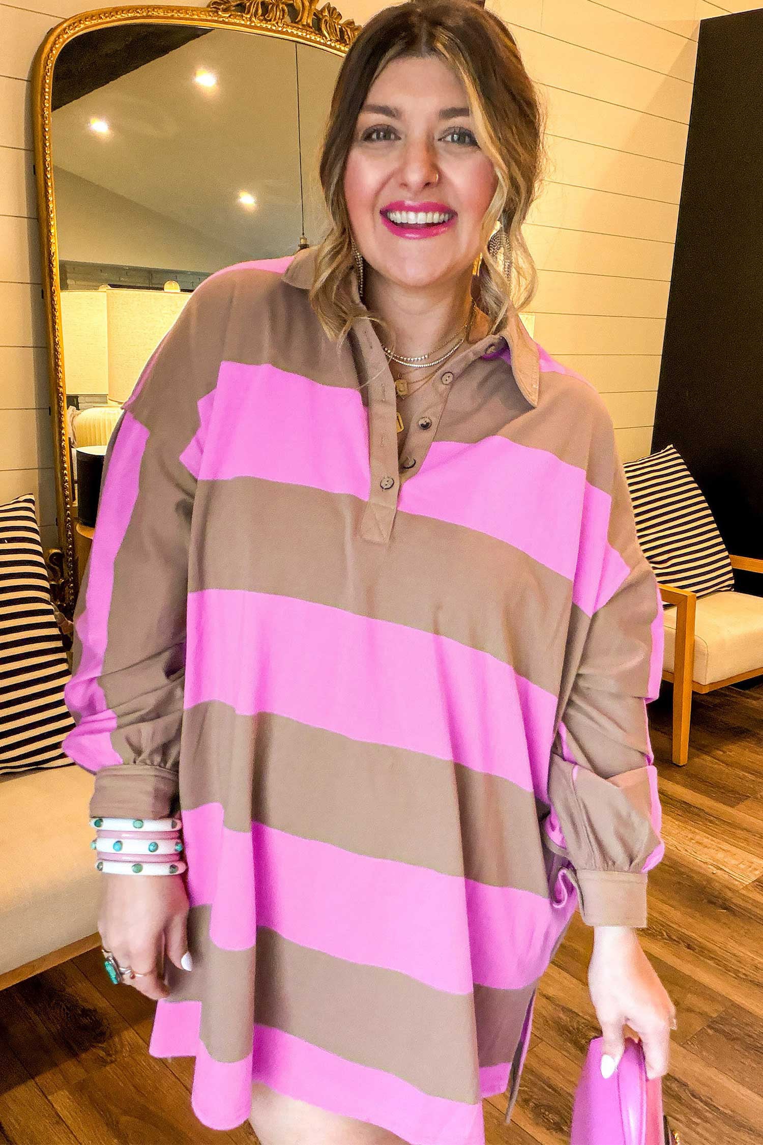 Striped Colorblock Long Sleeve V Neck Shift Plus Size Dress – Rose Stripe