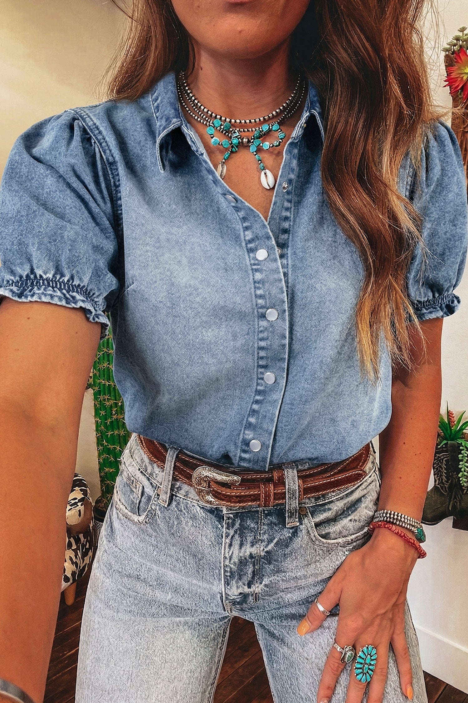 Frilled Short Sleeve Snap Button Denim Shirt