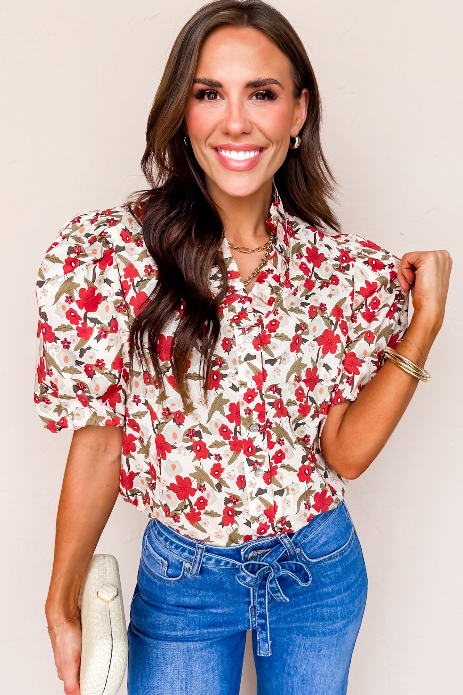 Floral Print Short Puff Sleeve Button Front Shirt