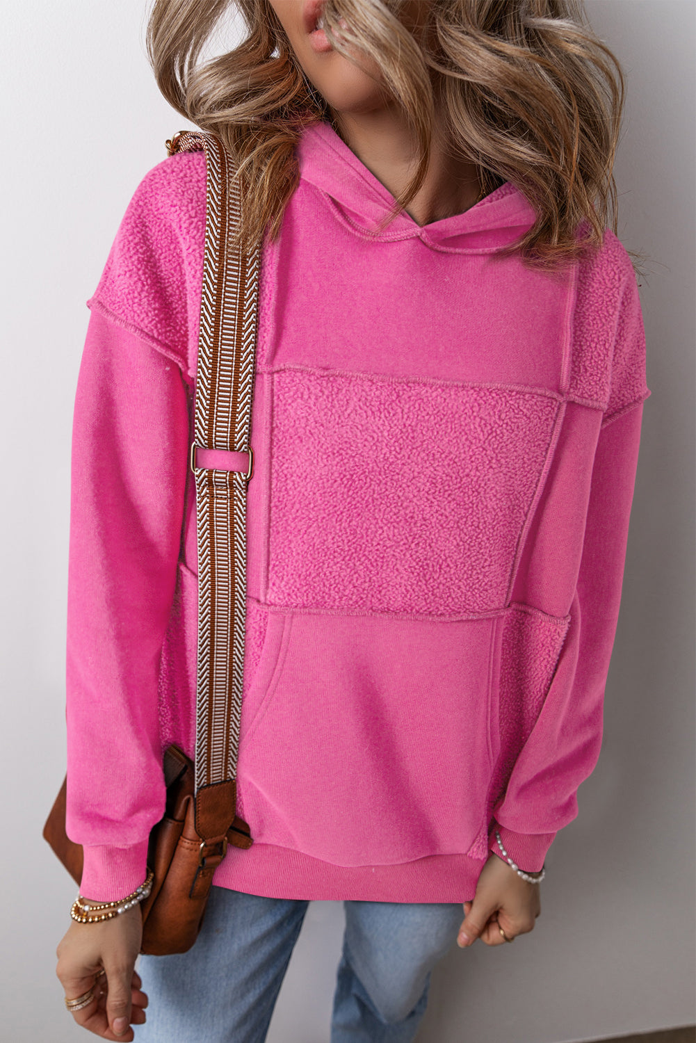 Pitaya Pink Mineral Wash Terry Patchwork Drawstring Hoodie eAura