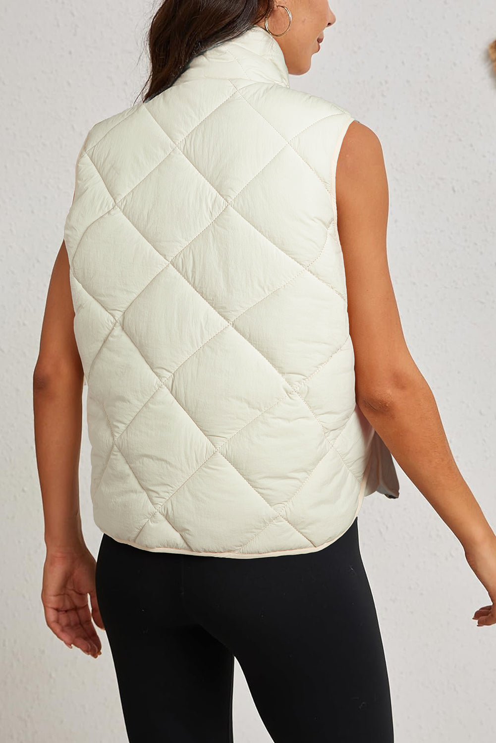 Beige Quilted High Neck Button Up Pocket Vest Coat BB Fashion Outlet