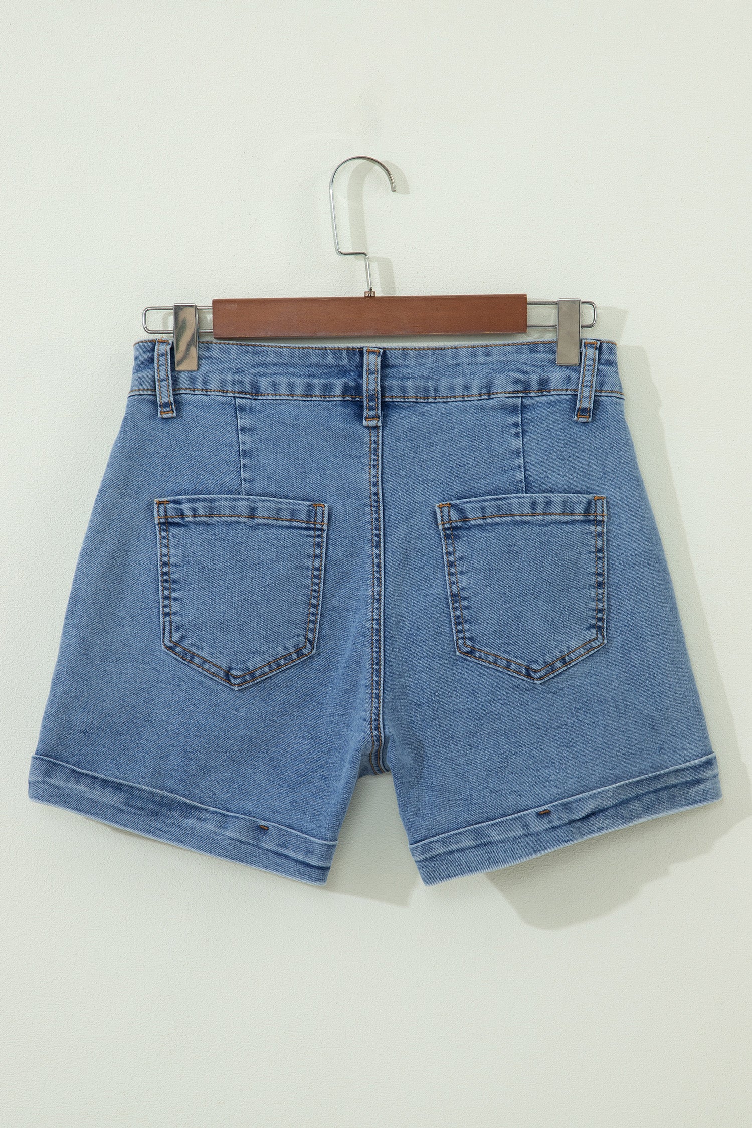 Cuffed Hem Denim Shorts with Seam Detail & Pockets