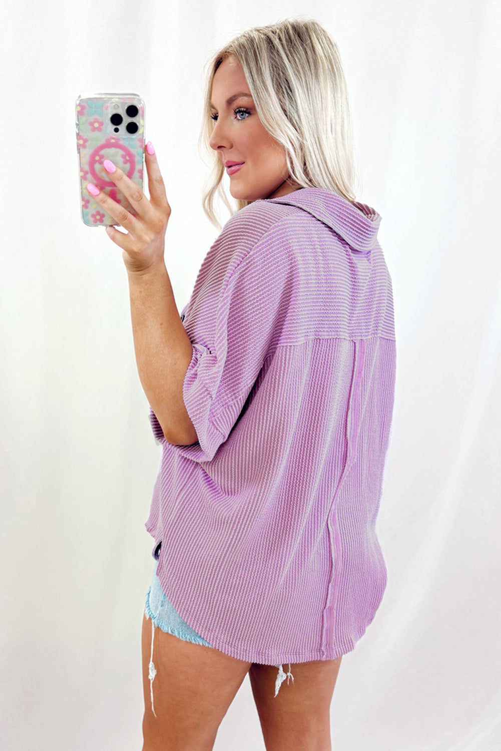 Orchid Bouquet Ribbed Flap Pocket Collared Buttoned Short Sleeve Top eAura