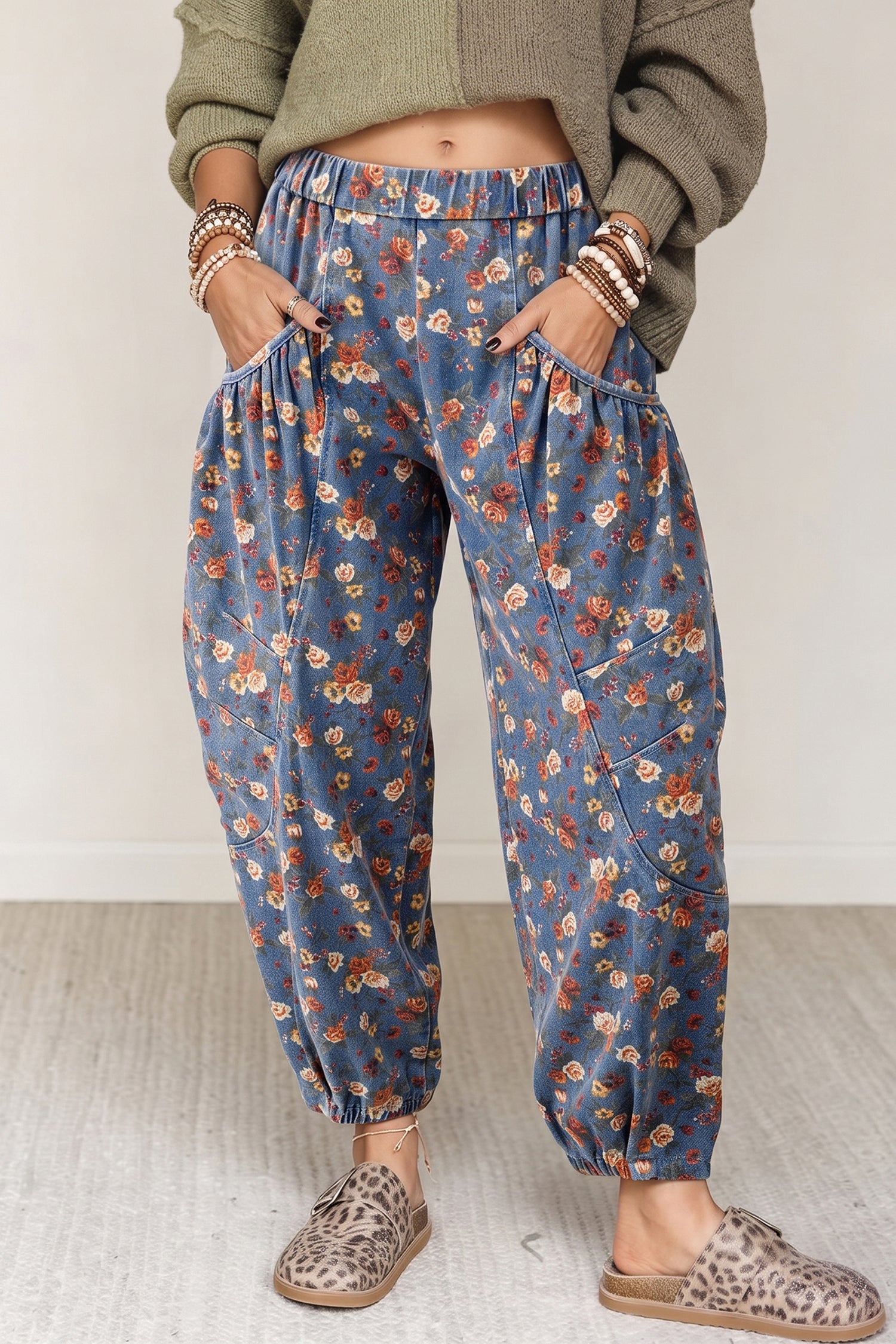 Beau Retro Floral Print Elastic Waist Pocketed Barrel Jeans – Blue