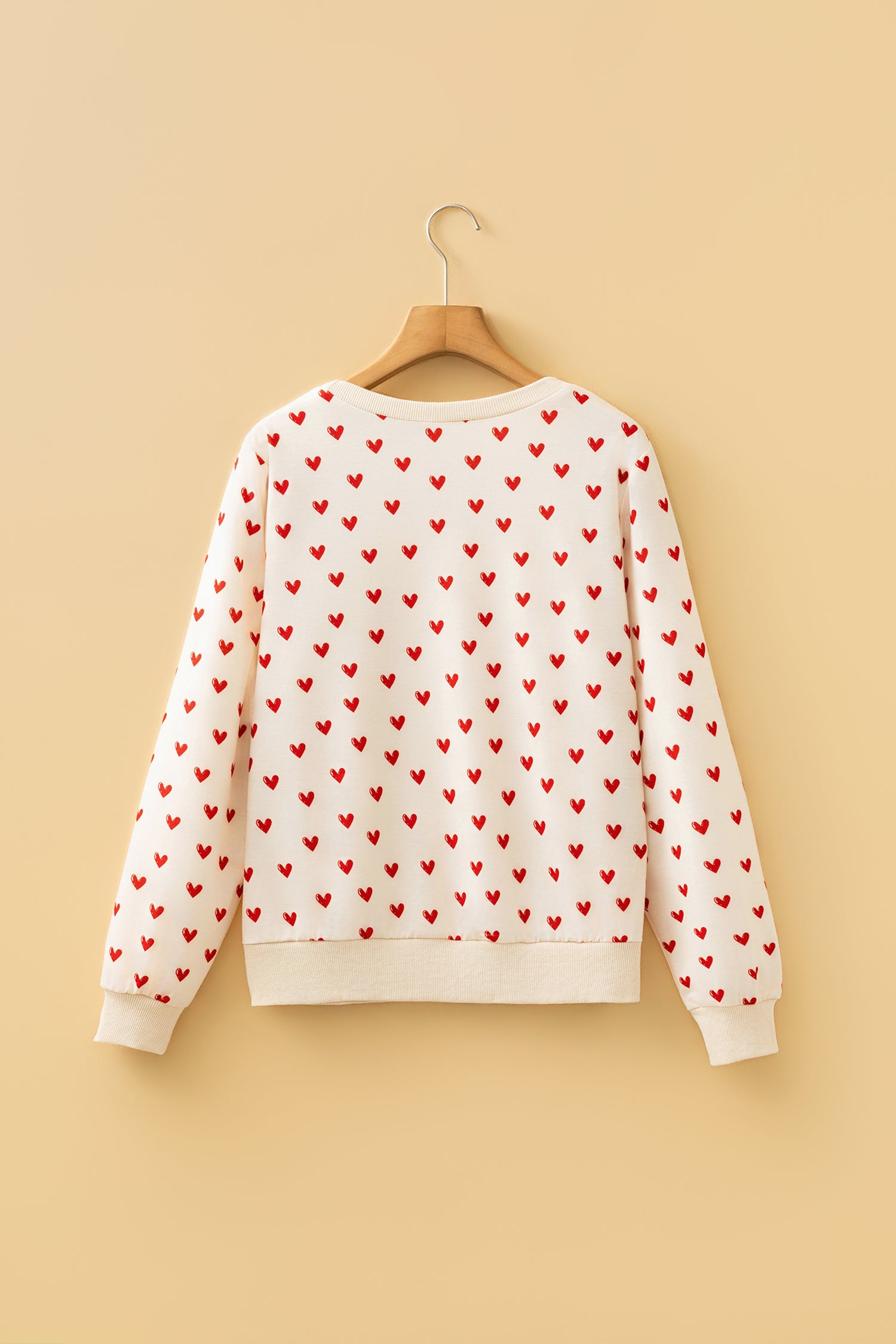 Heart Print Round Neck Long Sleeve Regular Fit Sweatshirt – Beige