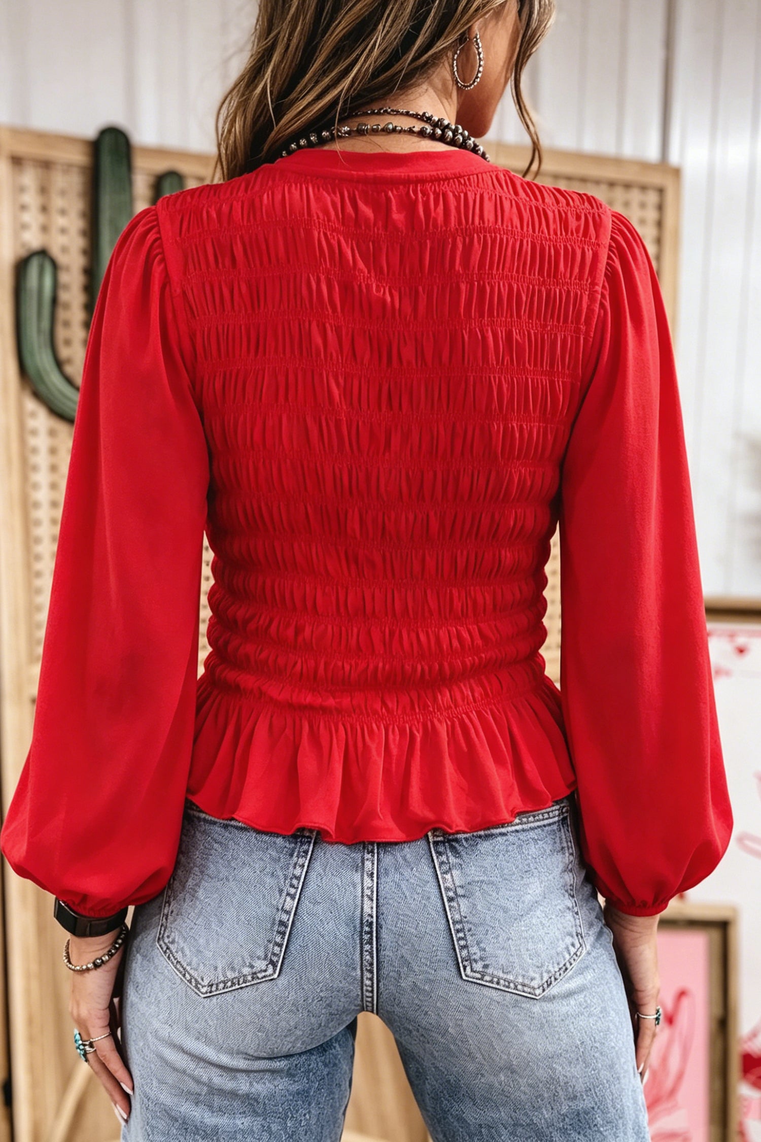 Solid Color Smocked Ruffle Hem Long Sleeve Blouse – Bright Green
