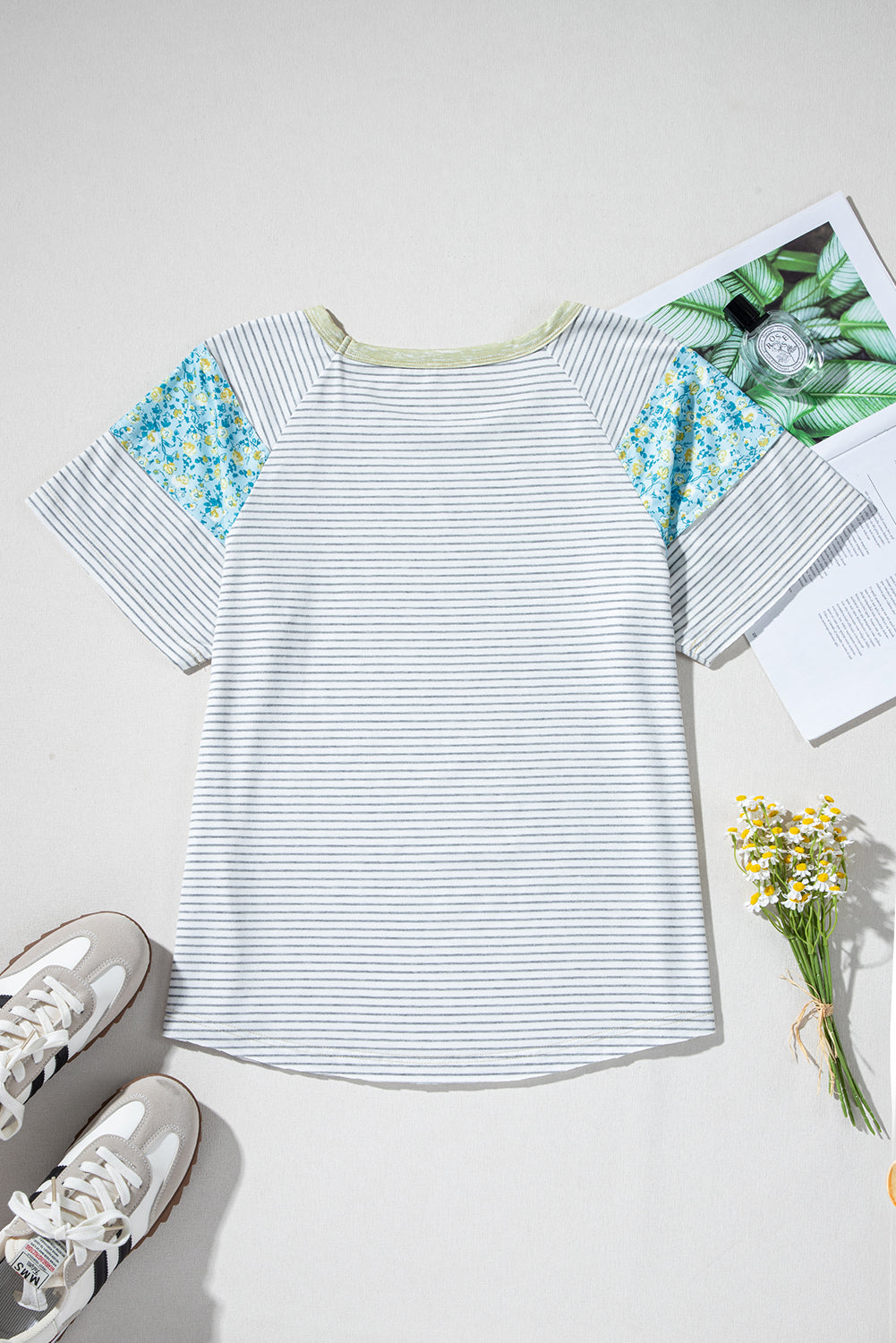 White Stripe Floral Insert Sleeves Contrast Round Neck Tee - eAura