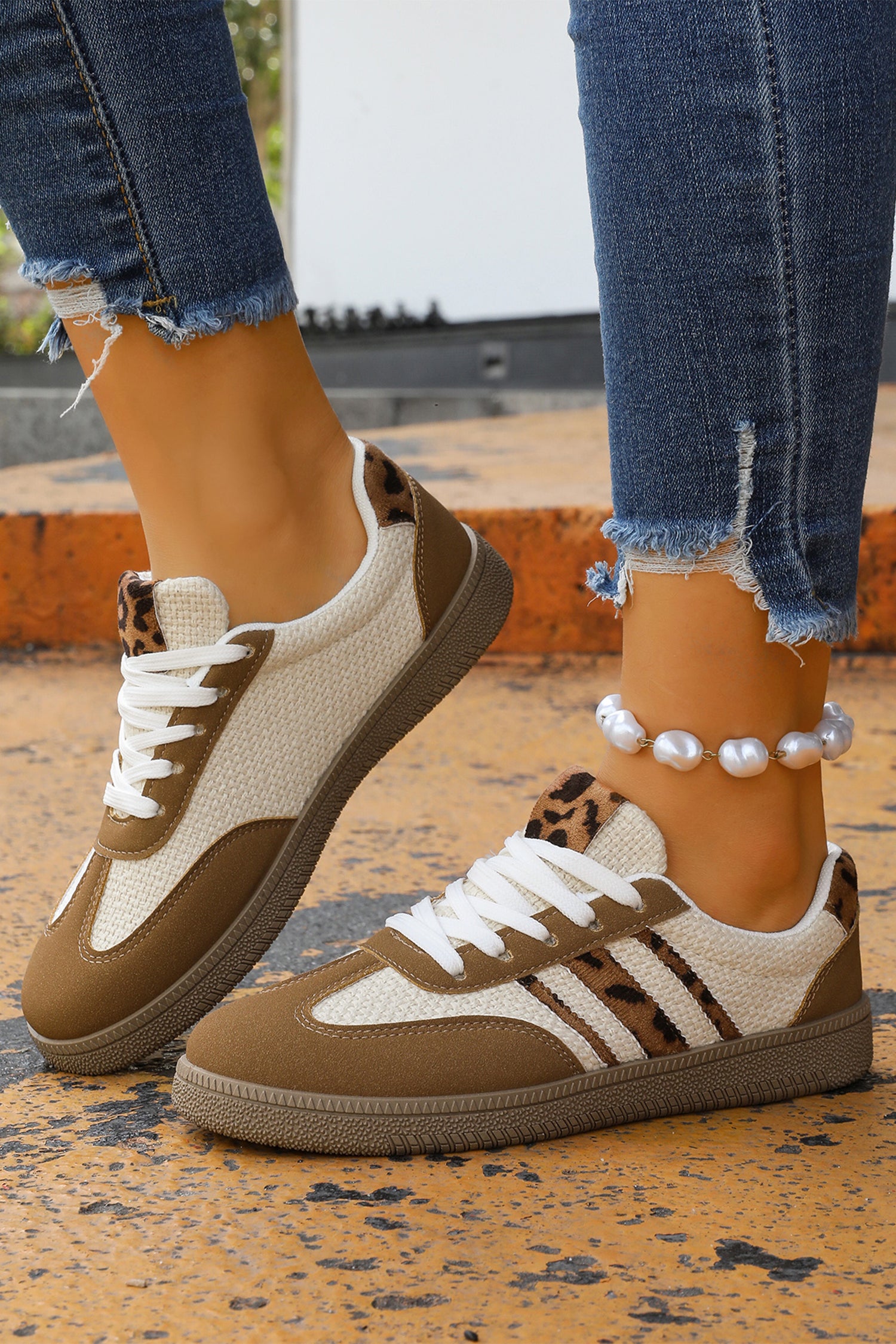 Coffee Colour Block Leopard Lace-up Flat Shoes - Shoes/trainers