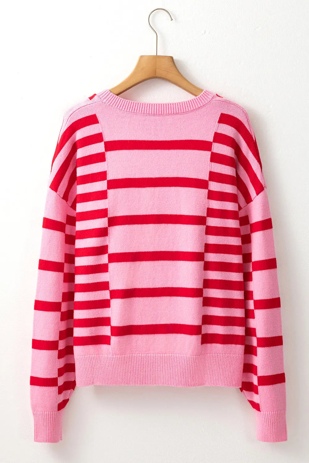 Striped Sweater Ribber Pink Stripe Bubble Sleeve Drop Shoulder Ribbed Trim Sweater - eAura – eAura